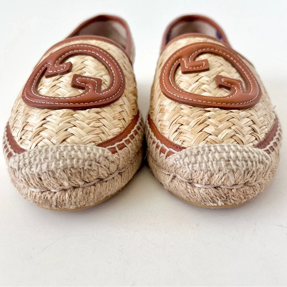 GUCCI || Adela GG Raffia Espadrilles Brown Leather Logo EU 36 US 6 - Picture 4 of 13